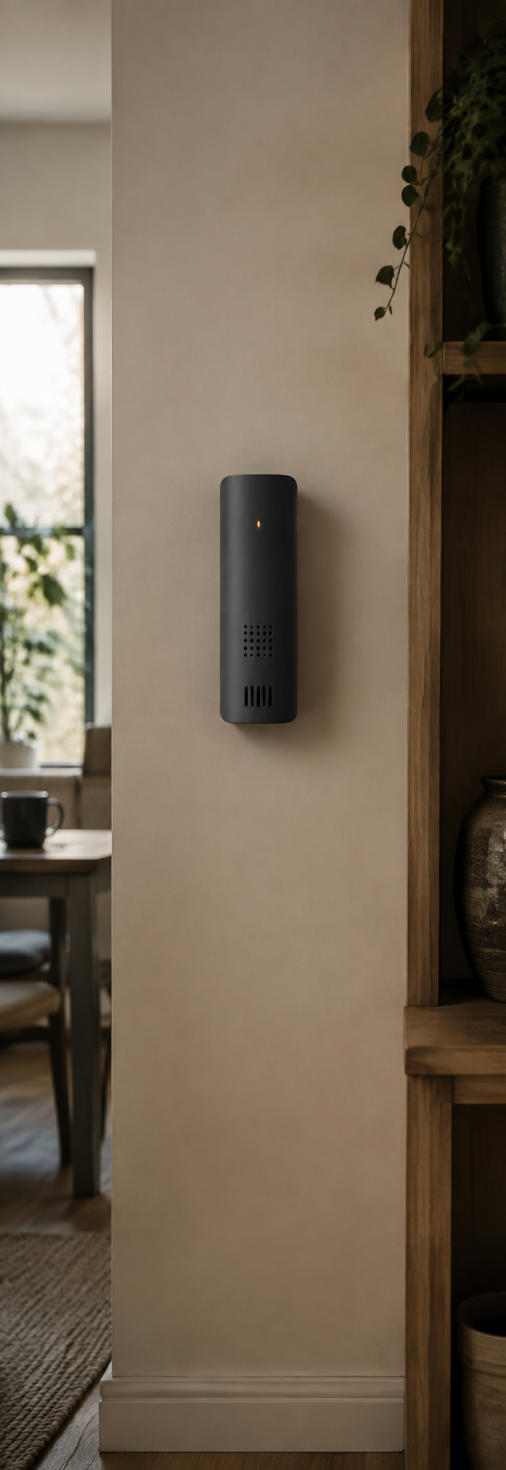 Slender environmental sensor-pod placeholder in a home