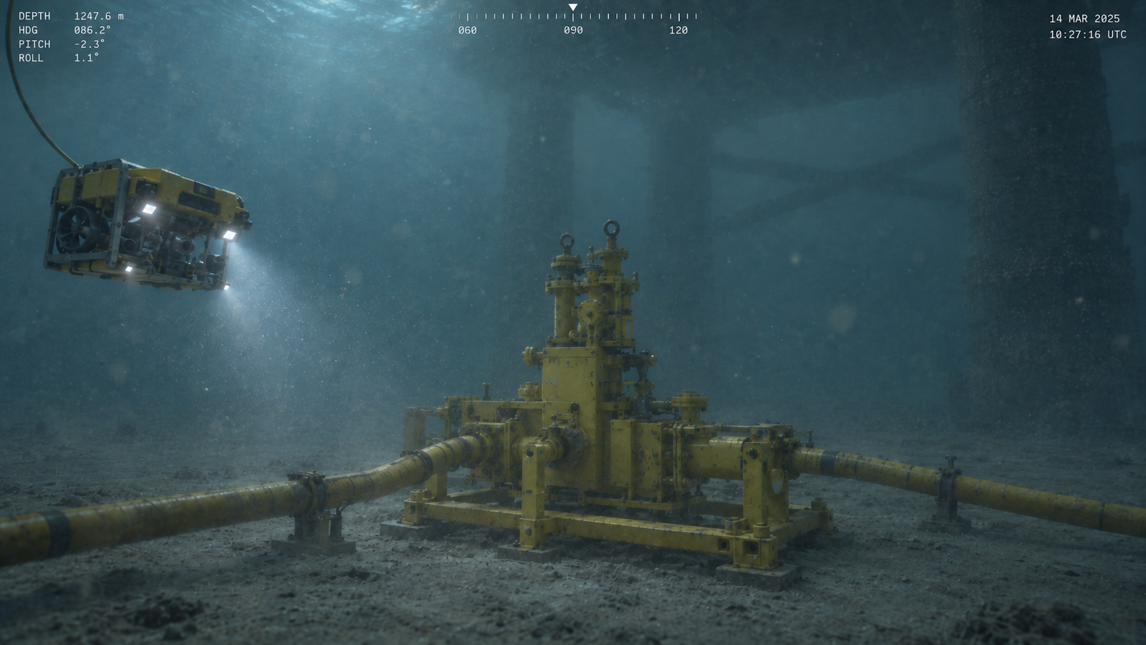 Simulated remotely operated vehicle inspecting a subsea pipeline valve assembly